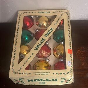 Vintage Holly Glass Ornaments Set - Red, Green, Gold 2.5”